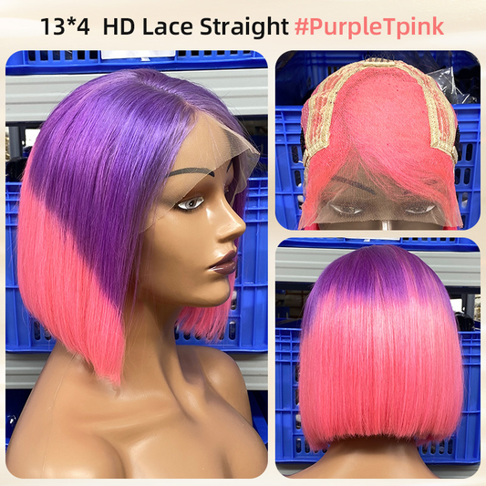 Pink Bob Wig Human Hair Short 13×4 Lace Frontal Wig 10 Inch – 6 Colors