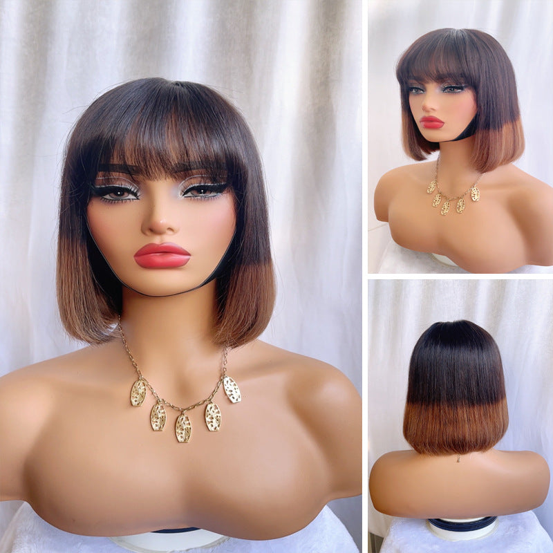 Straight Bob Wig Ombre Browm Human Hair With Bangs 2x4 lace