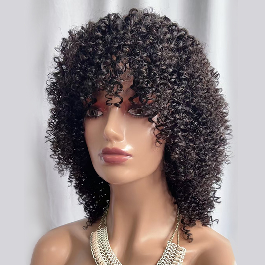 Pixie Kinky Curly Wig Human Hair Short Fringe Wig Afro Wig With Bangs 14 inch