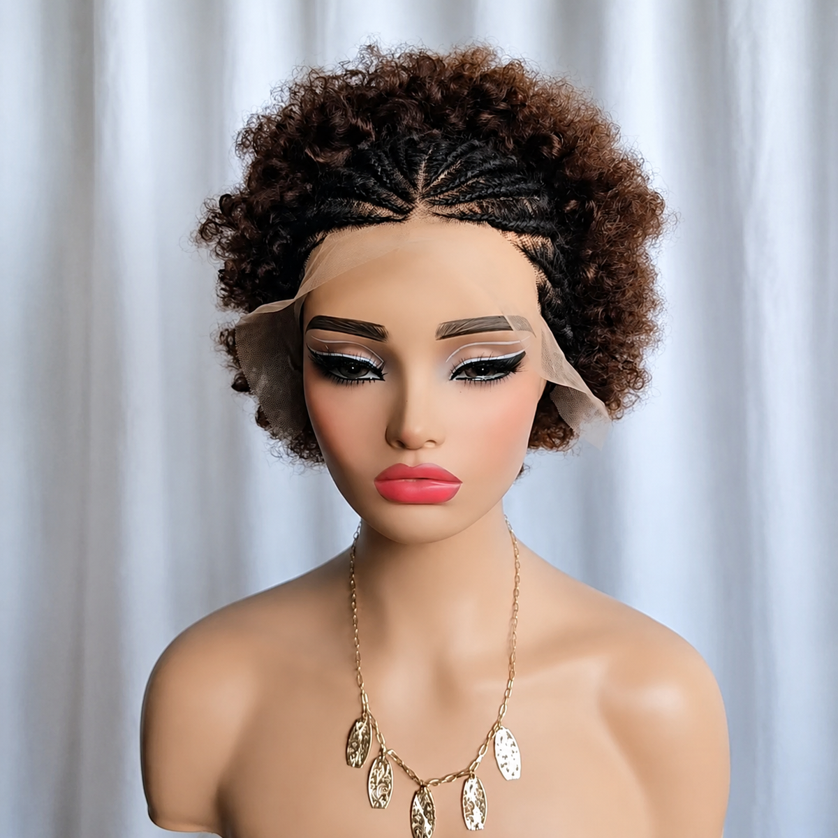 Afro Braided Wig Cornrow Ombre Brown Short Pixie Curly Wig 13x4 Lace Front Wig 8inch