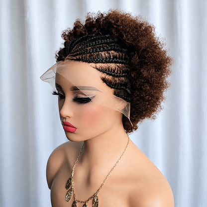 Afro Braided Wig Cornrow Ombre Brown Short Pixie Curly Wig 13x4 Lace Front Wig 8inch