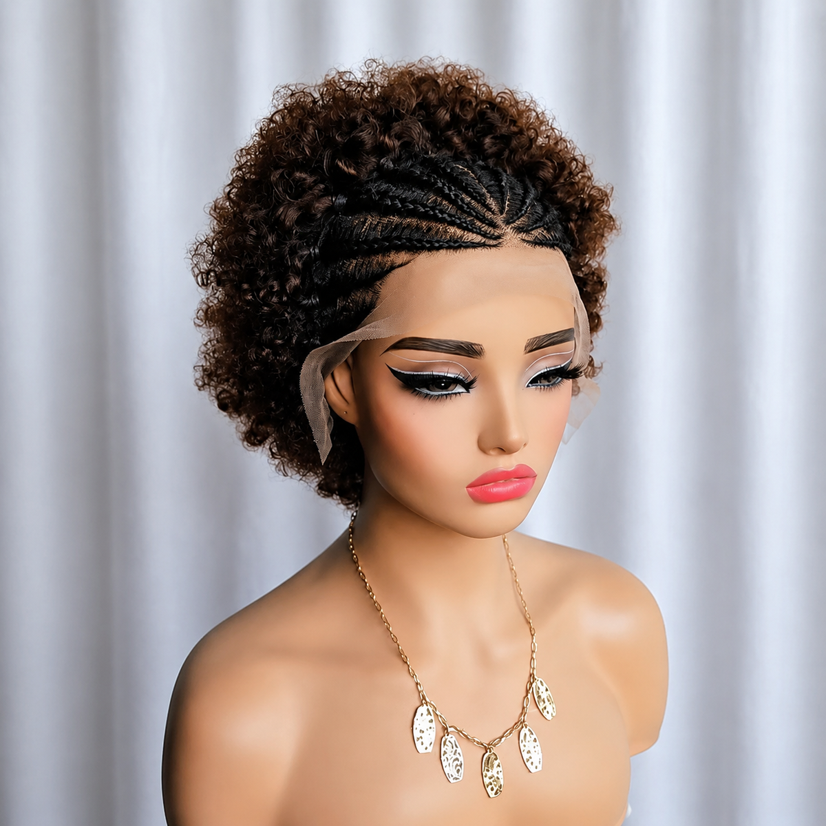 Afro Braided Wig Cornrow Ombre Brown Short Pixie Curly Wig 13x4 Lace Front Wig 8inch