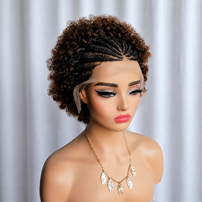 Afro Braided Wig Cornrow Ombre Brown Short Pixie Curly Wig 13x4 Lace Front Wig 8inch