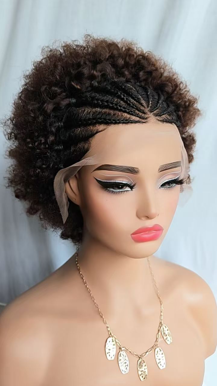 Afro Braided Wig Cornrow Box Braided Wigs Short Pixie Curly Wig 13x4 Lace Front Wig 8inch