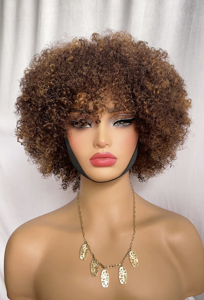 Pixie Cut Curly Wig Human Hair Highlight Wigs With Bangs