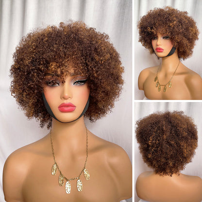 Pixie Cut Curly Wig Human Hair Highlight Wigs With Bangs
