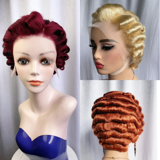 Finger Waves Short Hair Pixie Cuts Wig Four Colour 99J 350 613 1B