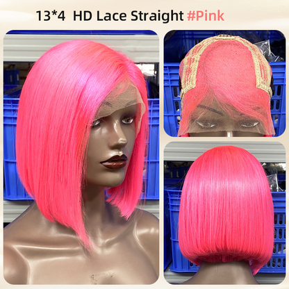Pink Bob Wig Human Hair Short 13×4 Lace Frontal Wig 10 Inch – 6 Colors