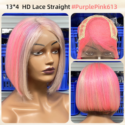 Pink Bob Wig Human Hair Short 13×4 Lace Frontal Wig 10 Inch – 6 Colors