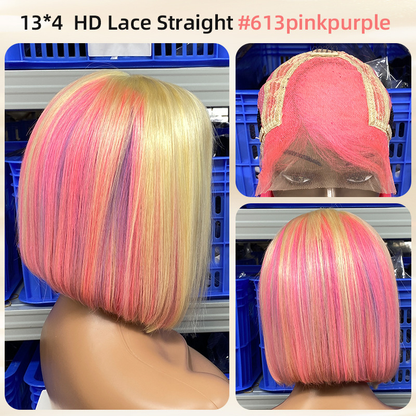 Pink Bob Wig Human Hair Short 13×4 Lace Frontal Wig 10 Inch – 6 Colors