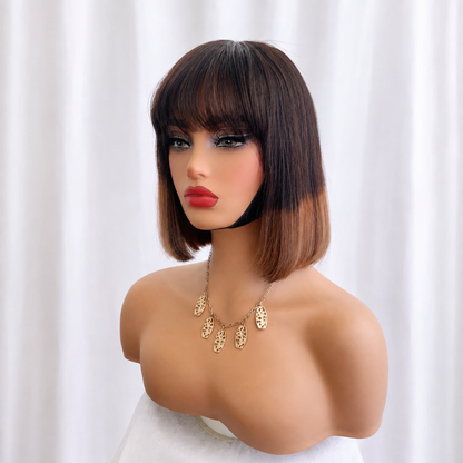 Straight Bob Wig Ombre Browm Human Hair With Bangs 2x4 lace