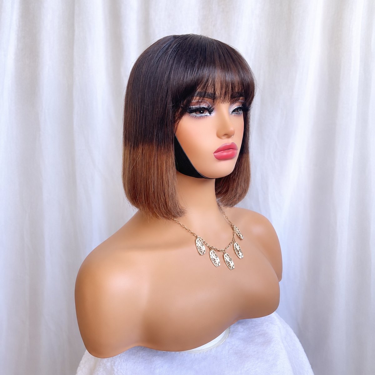 Straight Bob Wig Ombre Browm Human Hair With Bangs 2x4 lace