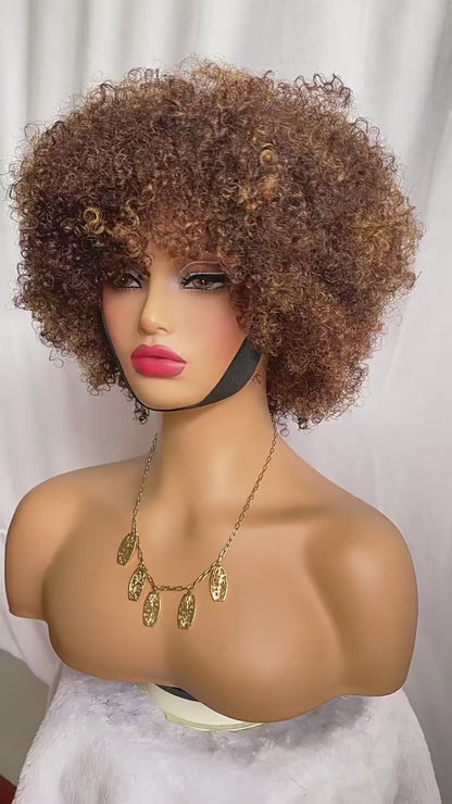 Pixie Cut Curly Wig Human Hair Highlight Wigs With Bangs