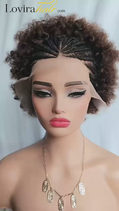 Afro Braided Wig Cornrow Ombre Brown Short Pixie Curly Wig 13x4 Lace Front Wig 8inch