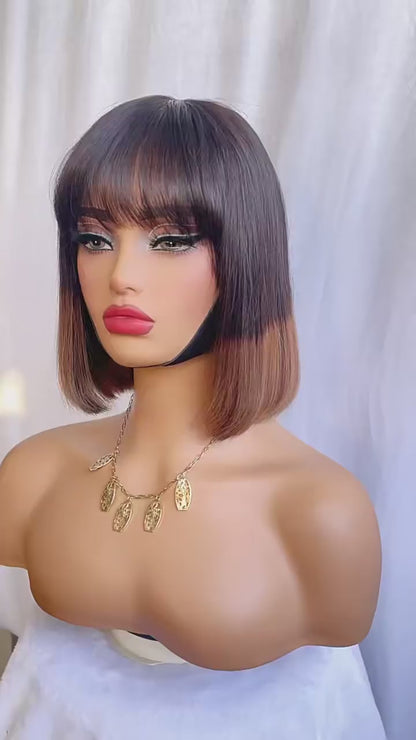 Straight Bob Wig Ombre Browm Human Hair With Bangs 2x4 lace